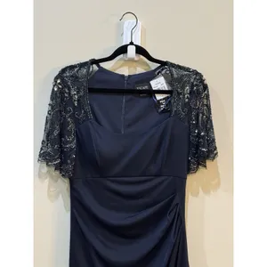 Xscape Long Sheer Matte Jersey Ruched 3/4 Bead Sleeve‎ Navy 5059X Size 6 thumbnail 5