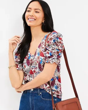 Loft | Peacock Print Puff Sleeve Top | Small thumbnail 1