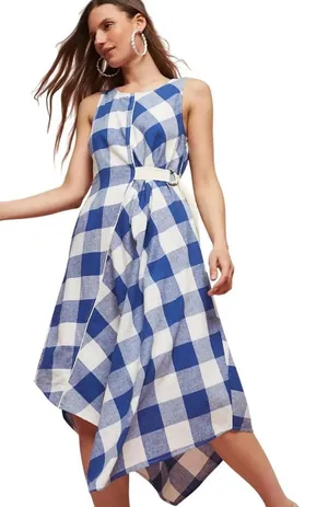 Maeve Anthro Blue White Checkered asymmetrical dress sleeveless Cotton Linen Sp thumbnail 1