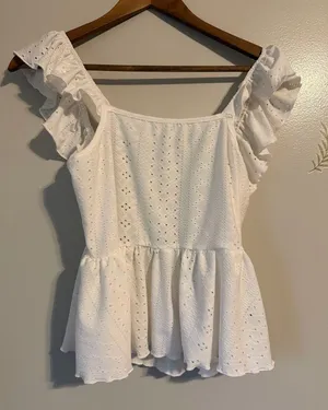 She in Medium White Eyelet Ruffle Sleeve Peplum Top thumbnail 1