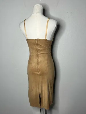 Y2K Vintage Camel Brown Faux Suede V Neck Sheer Lace Trim Bodycon Dress Fairy thumbnail 2