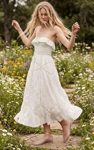 Free People Ethereal Cottage Prairie White Lace Hi Hello Midi Dress Medium thumbnail 1