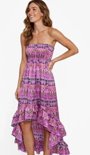 Classique Pink Purple Strapless Maxi Dress S Boho Ruffle Festival Y2K Vibes thumbnail 1
