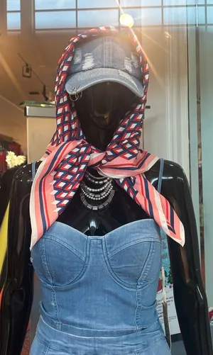 Vince Camuto Coral, Navy & White Geometric Silk Scarf thumbnail 1
