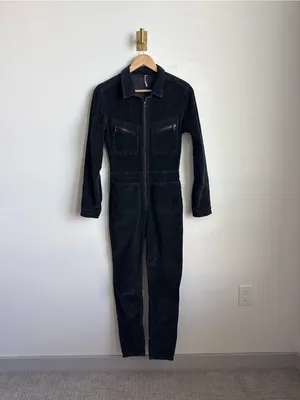 Free People Corduroy Jumpsuit Black Utility Zip Front Coveralls Small thumbnail 3
