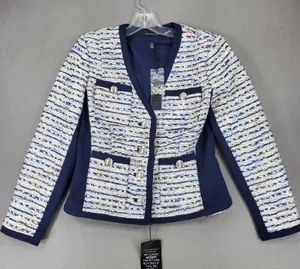 White House Black Market Tweed Jacket Womens 4 Navy Ecru Vnk Button Blazer NEW thumbnail 1