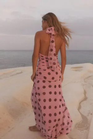 Zara Pink Polka Dot ruffled Maxi Dress bohemian summer vacation bodycon thumbnail 8