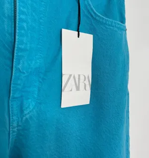 ZARA Wide Leg Blue Colored Denim High Waisted Raw Hem Jeans thumbnail 3