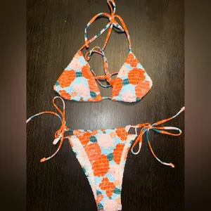 Floral Smocked Tie-Side Bikini Set - Coral & Teal thumbnail 2