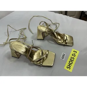 Womans Top Shop Strappy Sandal 8 Gold Square Open Toe Thong Ankle Tie Heel thumbnail 2
