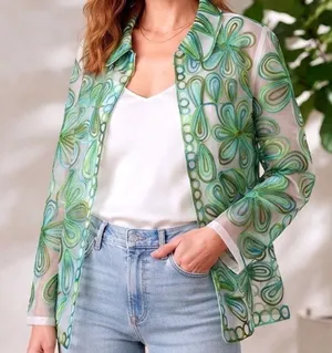 Laura Ashley Green Floral Embroidered Sheer Organza Button Down Shirt Large‎ thumbnail 1