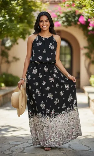 Maurices Black‎ Floral Halter Maxi Dress S Wedding Cruise Vacation Cottagecore thumbnail 1
