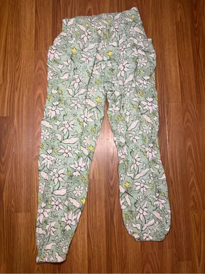 Aerie Floral High Rise Smocked Tie Waist Crinkle Pants Green Medium thumbnail 4