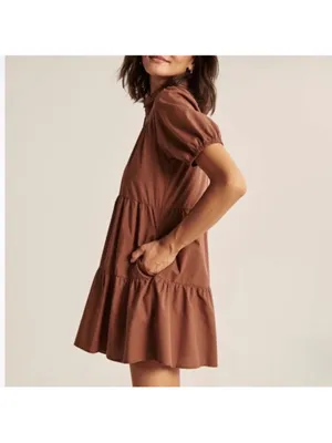 Abercrombie & Fitch Brown Poplin Trapeze Shirt Dress tiered dress cotton blend S thumbnail 2