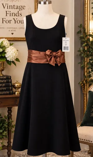 Jessica Howard Black A-Line Dress with Brown Satin Sash thumbnail 1