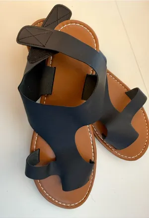 Black Leather Slide Sandals with Tan Footbed - Women thumbnail 1