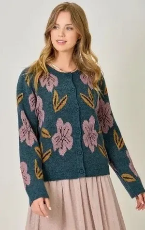 Mystree Floral Cardigan Sweater Women Small Blue Purple NWT Button Knit‎ Boho thumbnail 1