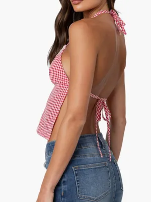 Edikted Charmaine Open Back Gingham Halter Top Red White Small NEW $31 thumbnail 3