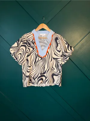 THML Cream and Black Printed Puff-Sleeve Top with Light Blue & Orange Trim thumbnail 2