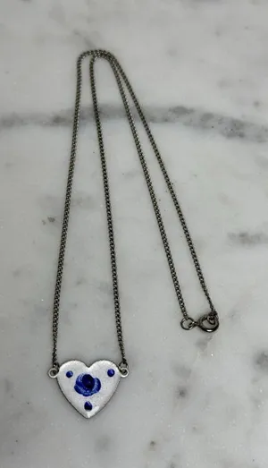 Vintage Heart Pendant Necklace Blue Flower Accents On Silver Chain Forget Me Not thumbnail 1