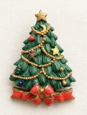 Vintage Christmas Tree Brooch Pin Gold‎ Garland Gingerbread Moon Star thumbnail 1