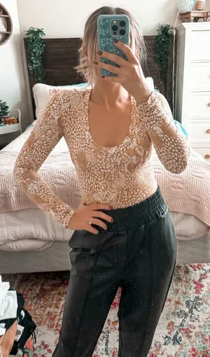 Free People Yellow snake print longsleeve bodysuit thumbnail 1