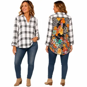 Westbound Petites PXL Plaid Floral Animal Print Mixed Media Roll‎ Tab Shirt thumbnail 2
