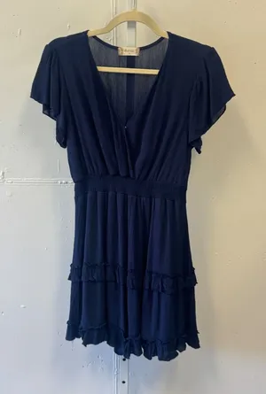 Altar'd‎ State Navy Blue Flutter Sleeve Smocked Waist Tiered Ruffle Mini Dress M thumbnail 1