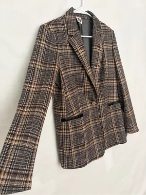 Anne Klein Women Plaid Single Button Knit Blazer Faux Leather Trim Size M(A899) thumbnail 2