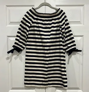 J. Crew Striped Off Shoulder‎ Mini Dress Navy Blue White Womens Size XS thumbnail 1