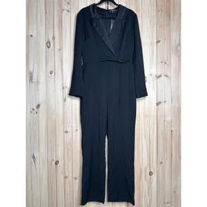 NWT Lulus Impressive Presence Black Collared Straight Leg Jumpsuit Classy Sz L thumbnail 2
