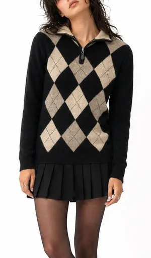 Allen Solly 100% Cashmere Argyle Quarter Zip Sweater Mens Quiet Luxury Old Money thumbnail 1