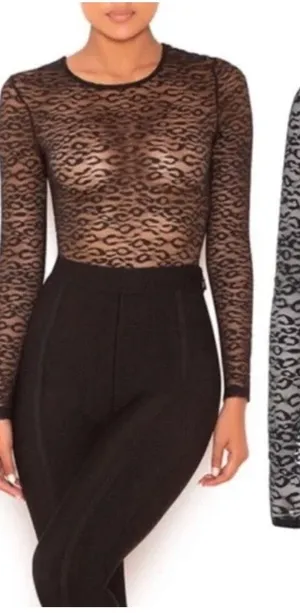 NWT House of CB Carmine‎ Cheetah Print Sheer Bodysuit in Black thumbnail 1