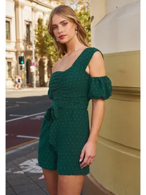 NWT Cupshe One-Shoulder Green Romper With Puff Sleeves & Tie Waist - Size: Small thumbnail 9