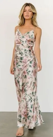 Baltic Born Annabel Satin Maxi Dress Sleeveless Floral Pink Green S thumbnail 1