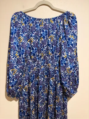 J. Crew V-neck Midi Dress in Fête Floral Print Blue Satin Long Sleeves Medium thumbnail 16