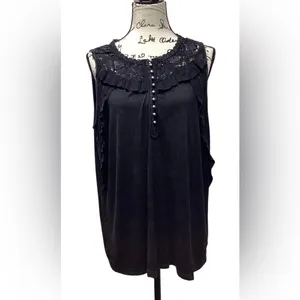 White birch Black Acid Wash Lace And Ruffle sleeveless Blouse Size Medium thumbnail 6