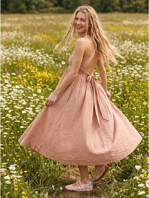Free People Bohemian Beachy Seersucker Poppy Midi Dress Sundress Blush Large thumbnail 8