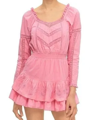 LoveShackFancy Sanaya Dress XL Vivid Pink‎ Long Sleeve Ruffle Tiered Lace Trim thumbnail 1