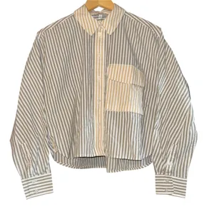 Madewell Flap Pocket Crop‎ Button Up Shirt Poplin Lagoon Women's Small Striped thumbnail 2