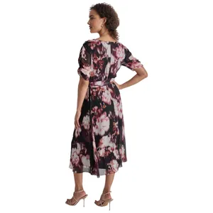 NWT DKNY Tie-Waist Ruched Puff Sheer Sleeves Dress Raisin Purple Multi 4 thumbnail 2