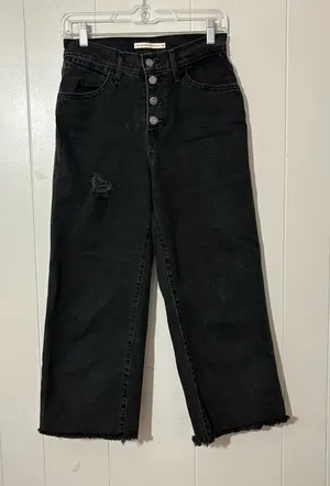 Levi’s Mile High Wide Leg Crop Jeans Black Button Fly Raw Hem High Rise Size 26 thumbnail 1