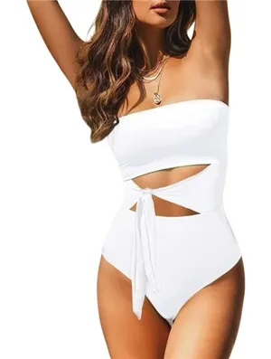 White Bridal Bandeau Strapless Wrap One Piece Swimsuit Medium thumbnail 1