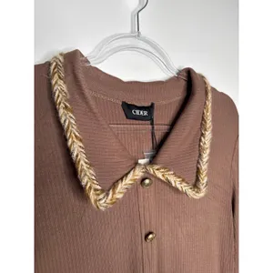 Cider 2020s Brown Ribbed Midi Dress Gold Trim Stretch NWT Large thumbnail 7