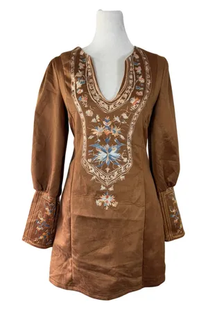 Brown Floral Print V-Neck Long Sleeve Bodycon Mini Dress thumbnail 1