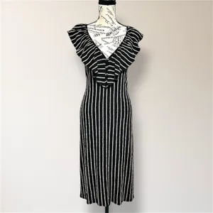 Zara Black Tan Striped Ruffle V‎ Neck Midi Dress Open Back Cottagecore Boho NWT thumbnail 2