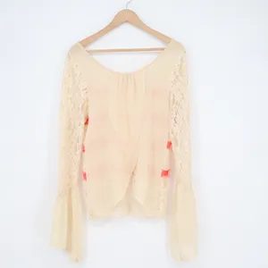 Gimmicks by BKE Cream Floral Lace Coral Ruffle Bell Sleeve Split Back Top L thumbnail 4