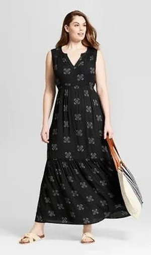 Universal Threads Tiered Floral Black Sleeveless V Neck A-Line Maxi Dress Size 1X thumbnail 1