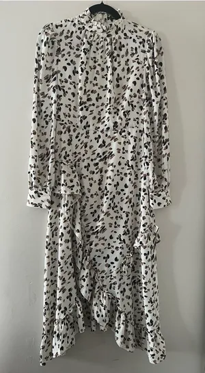 Nasty Gal White Brown Animal Print Midi Dress 4 Ruffle Hem Modest Going Out thumbnail 1