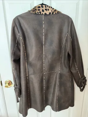 Leopard Trim Brown faux leather Coat thumbnail 5